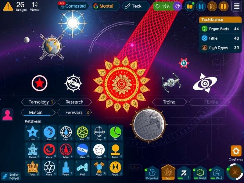 Technology research interface in Emperor Cosmic Trek showing various tech branches